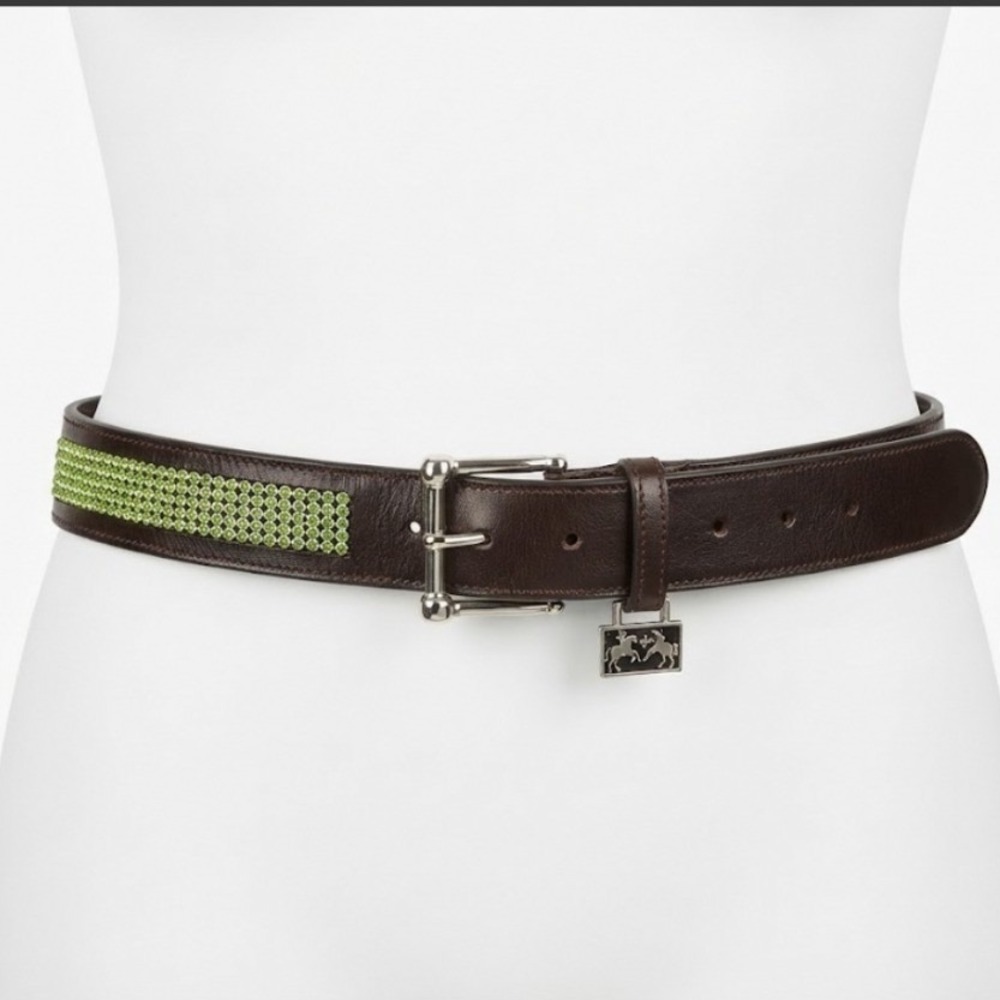 Y2K Brown Leather Belt Green Rhinestone Inlay Equestrian Preppy Style Size 34